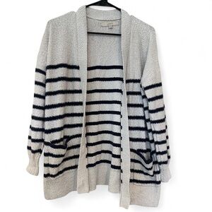 Loft 100% Cotton Striped Cardigan Boucle Accents White and Navy Medium